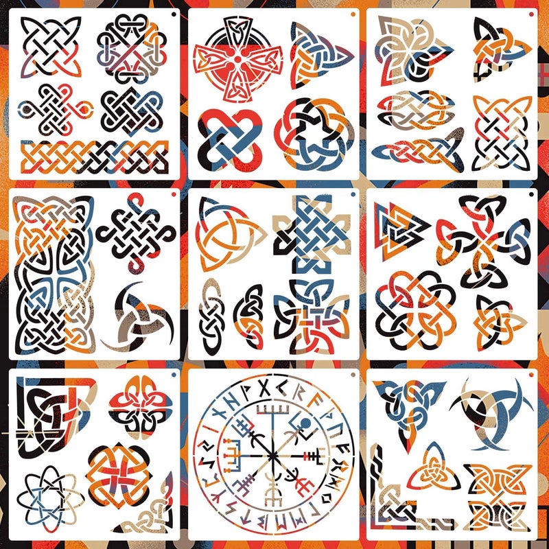 Resflyar 9 PCS Runes Stencils for Painting on Wood Stones, Reusable Celtic Border Ancient Viking Symbol Template for Crafts Canvas Furniture Wall Floor Drawing Card Making Pattern Decorative 7.9 x 7.9 Inch - Image 1